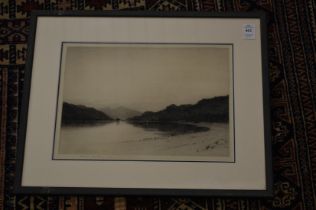 Richard Smythe, Lake scene with mountains, etching together with a similar etching by Bernard Eyre-