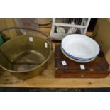 Brass preserve pan, wooden box and enamel dishes.