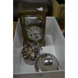 A four glass mantle clock (faults) and other items.