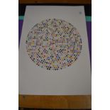In the manner of Damien Hirst, a circular spot print.