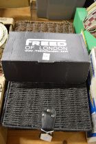 Freed of London, a pair of ladies leather shoes, boxed and wicker baskets.