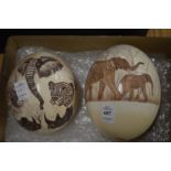 Two decoratively engraved emu eggs.