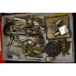 A small collection of plated items to include button hook, sugar tongs etc.