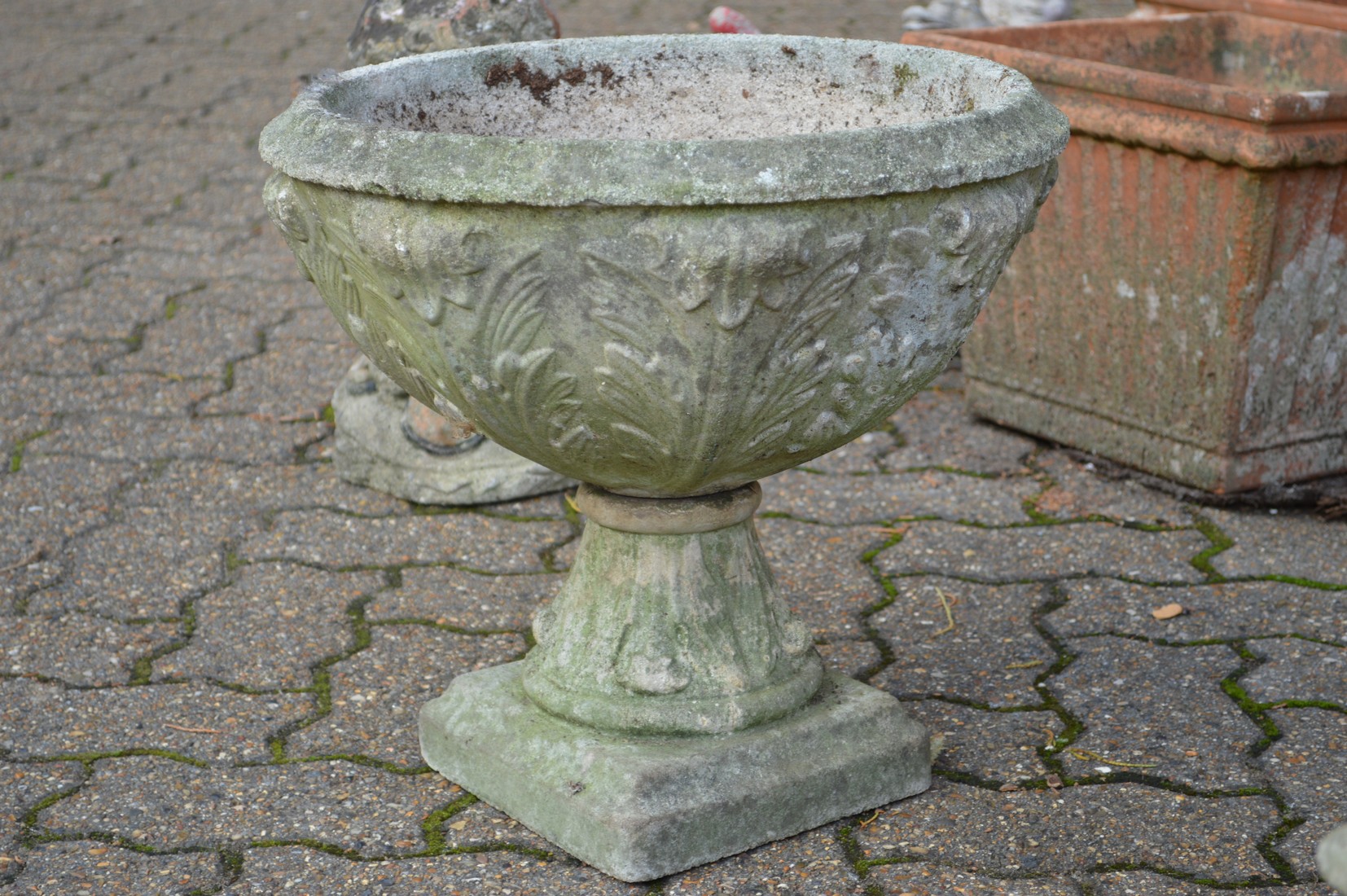 Two reconstituted stone pedestal planters and a similar planter lacking base. - Image 4 of 4