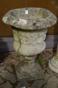 A pair of reconstituted stone pedestal urn shaped planters.