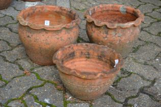 A pair of terracotta plant pots with wavy rims and a similar smaller plant pot.
