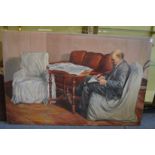 Russian School, Lenin seated in an armchair by a table writing a letter, oil on canvas, unframed.