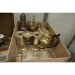 A quantity of silver items to include a teapot, cigarette box, pair of candlesticks (split) and