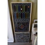 Three large and three small leaded stained glass and etch decorated glazing panels.