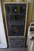 Three large and three small leaded stained glass and etch decorated glazing panels.