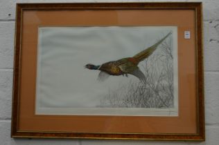 Leon Danchin, A pheasant in flight, colour print, pencil signed together with a colour print after