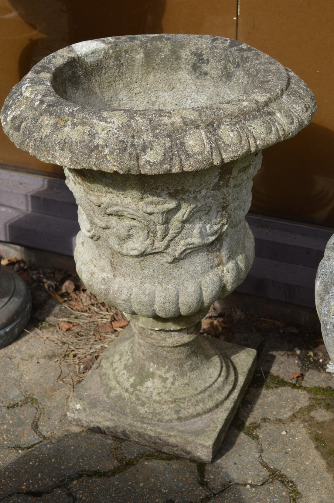 A pair of reconstituted stone pedestal urn shaped planters. - Image 2 of 2