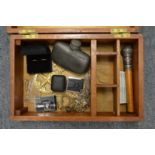 Mahogany box containing silver walking stick handle, jewellery etc.