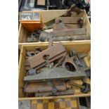 Two boxes of wood working moulding and other planes etc.