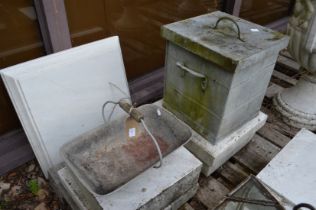 A galvanised trough and a galvanised square shape storage bucket with lid.