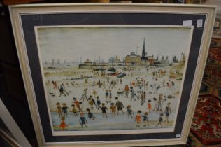 L S Lowry, At the Seaside, colour print and another similar.