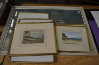 Rural landscape with cattle, watercolour, together with a pair of watercolours depicting coastal