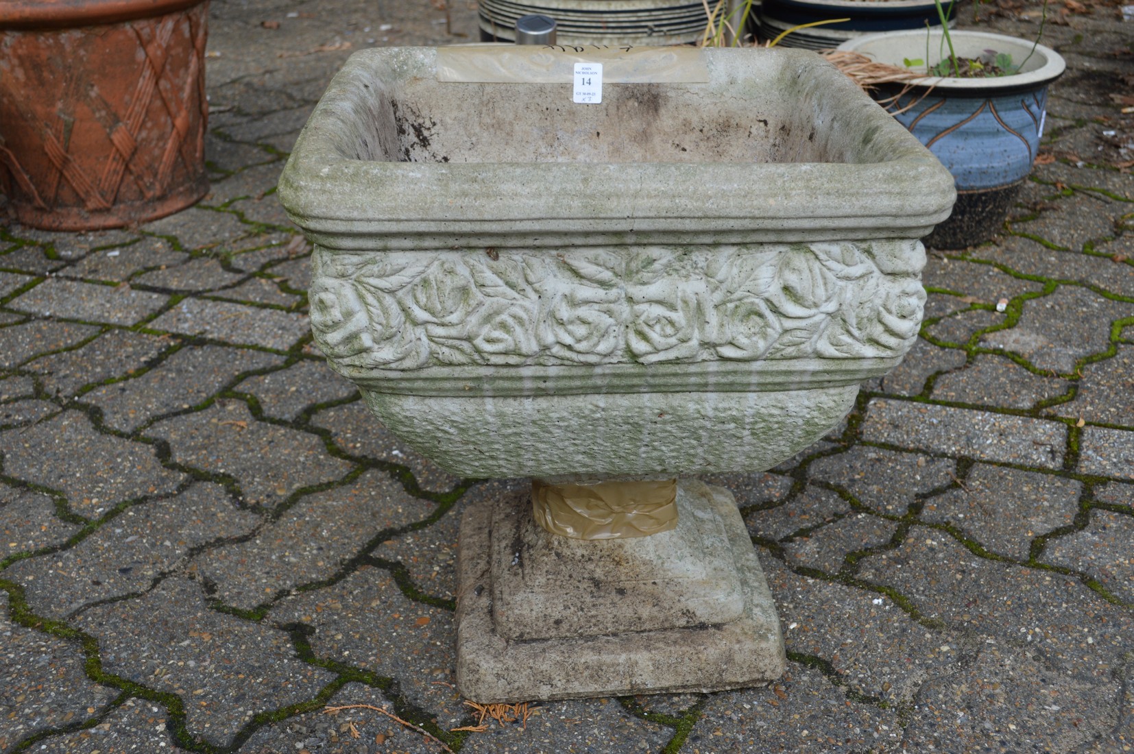 Two reconstituted stone pedestal planters and a similar planter lacking base. - Image 2 of 4