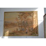 A large tapestry picture depicting figures in a woodland setting by a lake.