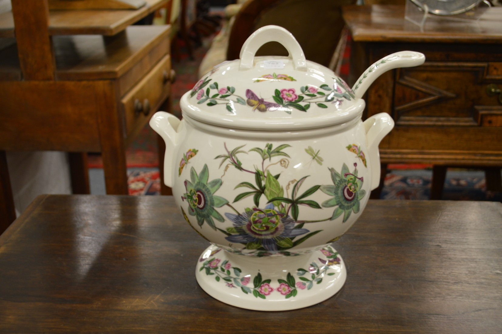 A Portmeirion Botanic Garden soup tureen, cover and ladle.