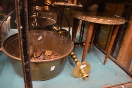 A large brass preserve pan and other items.