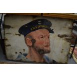 An enamel sign showing a sailor wearing a HMS Invincible hat.