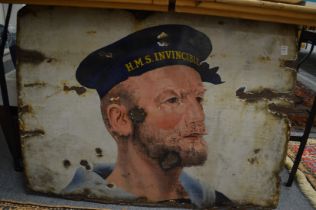 An enamel sign showing a sailor wearing a HMS Invincible hat.