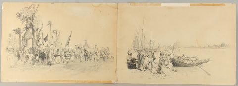 TWO FINE ORIENTALIST PEN AND INK DRAWINGS BY SIR WILLIAM ASHTON, C1913, depicting a waterside