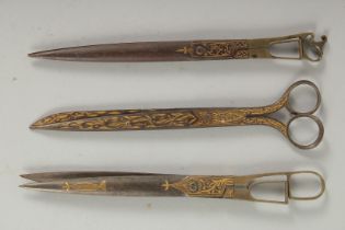 THREE OTTOMAN GOLD INLAID SCISSORS, (3).