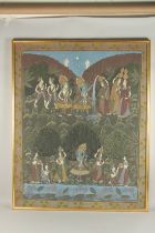A LARGE 19TH - EARLY 20TH CENTURY FRAMED INDIAN PAINTED TEXTILE, depicting deities and attendants,