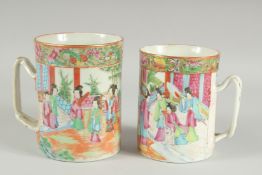 TWO CHINESE CANTON FAMILLE ROSE PORCELAIN TANKARDS, (one with faults), 14.5cm and 13.5cm high, (2).