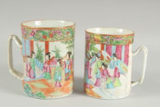 TWO CHINESE CANTON FAMILLE ROSE PORCELAIN TANKARDS, (one with faults), 14.5cm and 13.5cm high, (2).