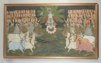 A VERY LARGE 19TH / EARLY 20TH CENTURY FRAMED INDIAN PAINTED TEXTILE, depicting Krishna amongst