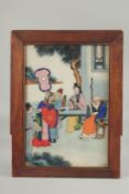 A CHINESE PAINTED MARBLE PANEL, inset within a wooden frame, the reverse with characters, 33.5cm x