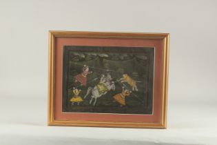 AN INDIAN PAINTING ON TEXTILE, depicting a hunting scene, framed and glazed, image 21cm x 28cm.