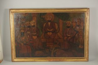 A LARGE PERSIAN QAJAR OIL PAINTING ON CANVASS, depicting a Qajar ruler with various attendants and