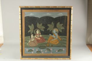 AN INDIAN PAINTED TEXTILE, depicting a seated deity, framed and glazed, 68cm x 65cm overall.