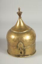 A RAJASTHANI MUGHAL COPPER LIDDED CIRCUALR CADDY BOX, 19cm high, 12.5cm diameter.