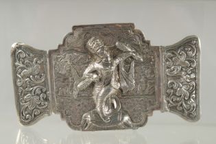 A FINELY EMBOSSED AND ENGRAVED SILVER BELT BUCKLE, with relief dancing female figure, 14.5 cm x 8.