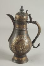 AN AFGHANI STYLE SILVER AND COPPER INLAID BRASS LIDDED JUG, 27.5cm high.