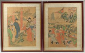 TWO CHINESE PAINTINGS ON SILK, uniformly framed and glazed, images 41cm x 29cm.