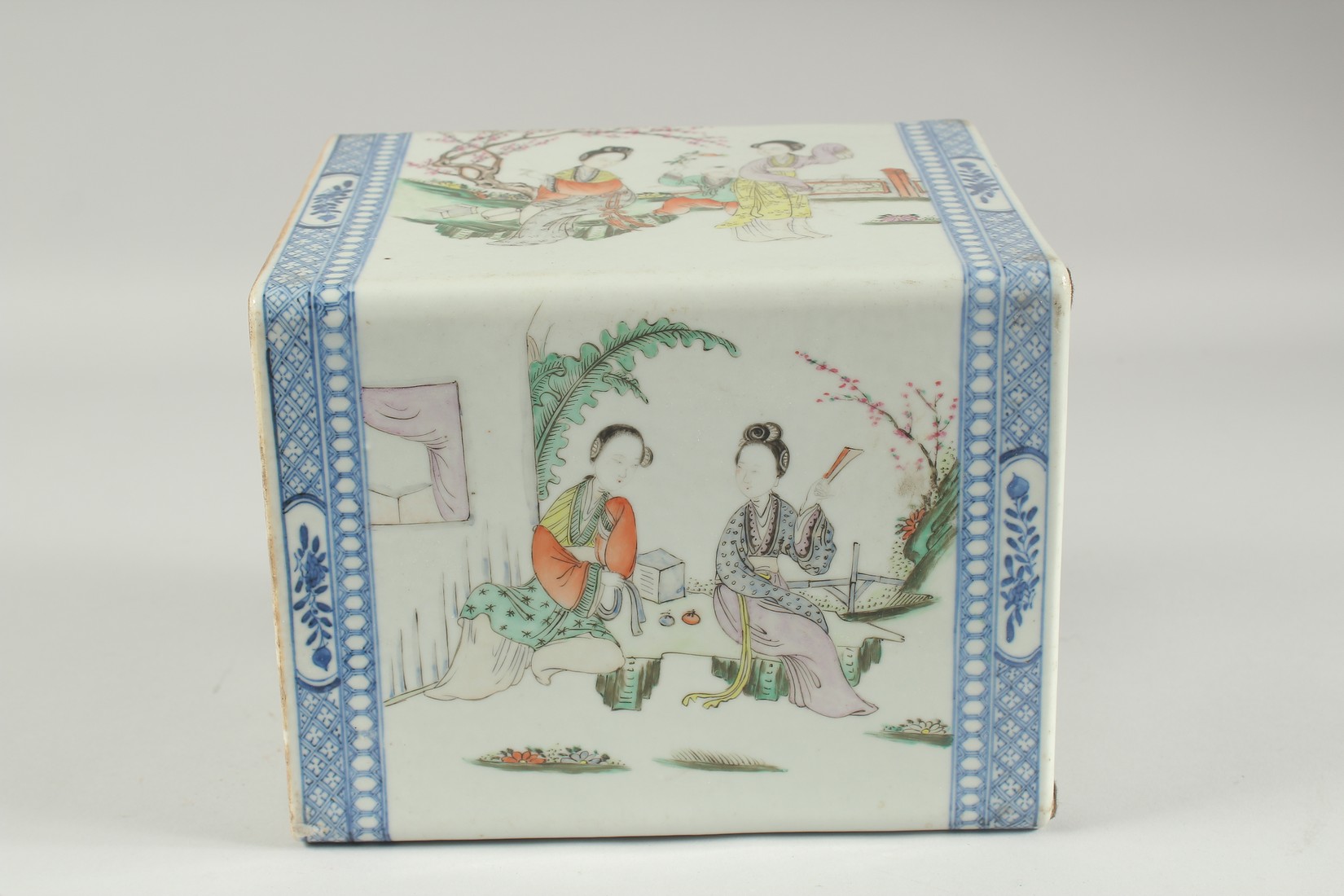 A CHINESE FAMILLE ROSE PORCELAIN PILLOW, and later wooden stand, painted with scenes of female - Image 2 of 7