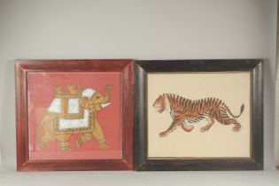 TWO INDIAN PAINTED TEXTILES, depicting a tiger and an elephant, framed and glazed, (2).