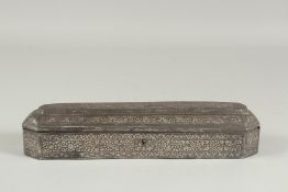 AN EARLY 19TH CENTURY INDIAN SILVER INLAID STEEL PEN BOX, 27cm long.