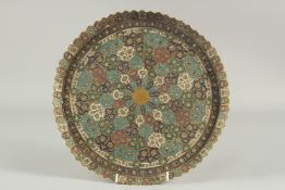 A FINE 19TH CENTURY INDIAN KASHMIRI ENAMELLED AND GILDED COPPER TRAY, 30.5cm diameter.
