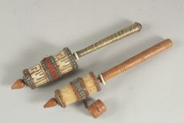 TWO 19TH-20TH CENTURY TIBETAN PRAYING WHEELS, with bone, turquoise and coral beads, one with