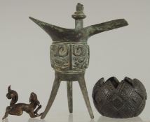 A SMALL CHINESE MING BRONZE FIGURE, together with an archaic style jue cup and a Japanese bronze