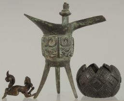 A SMALL CHINESE MING BRONZE FIGURE, together with an archaic style jue cup and a Japanese bronze