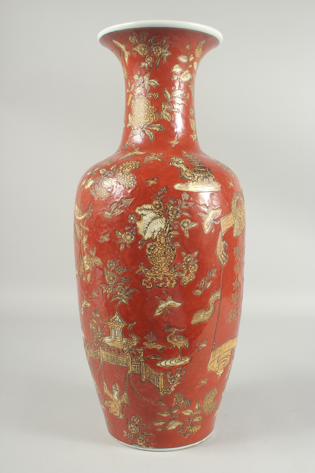 A LARGE CHINESE RED GLAZE PORCELAIN VASE, decorated with figures on a boat as well as pagodas and - Image 3 of 6