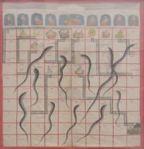 A RARE LARGE 19TH CENTURY INDIAN PAINTED FABRIC, depicting snakes and ladders with Hindu deities,